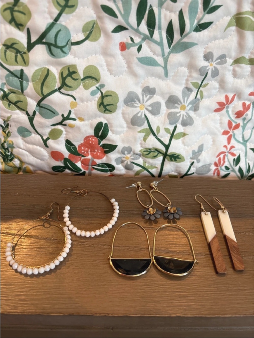 Gold Tone Women's Earring Set - White Beaded, Black & Wood Accent Styles